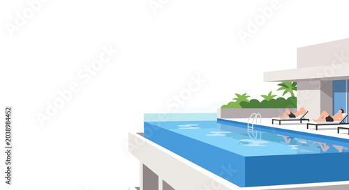 Billede på lærred Modern luxury rooftop infinity pool with sunbathers and tropical plants