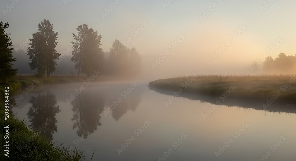 Fototapeta premium serene landscape, misty river, sunrise, natural scenery