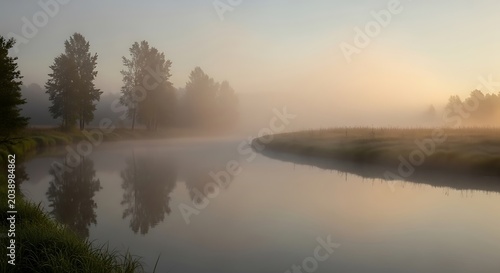 serene landscape, misty river, sunrise, natural scenery