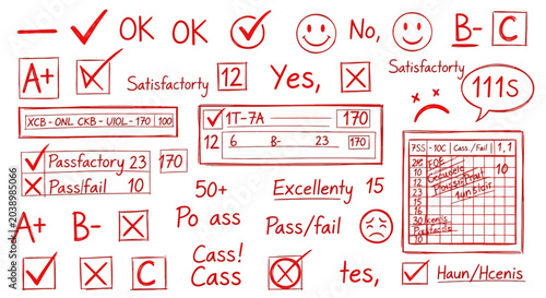 Red checkmarks and smiley faces on white background, grading and feedback concept, education and assessment