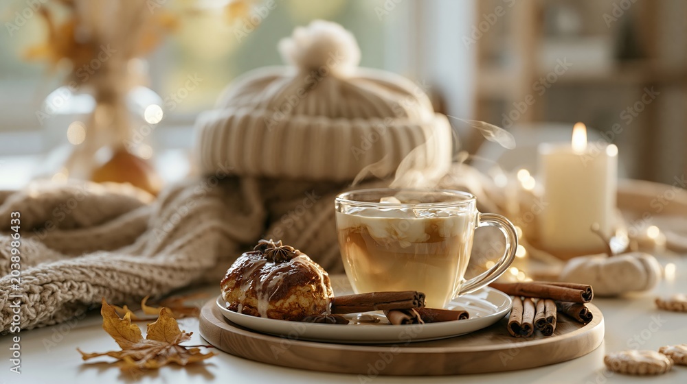 Obraz premium Behagliche Herbstkaffee-Szene in warmen Farben am Fensterplatz