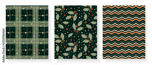 Seamless Christmas pattern set with plaid, holly berries, stars and zigzags in dark green and warm beige tones, ideal for wrapping paper, textile, wallpaper, packaging and holiday decor.