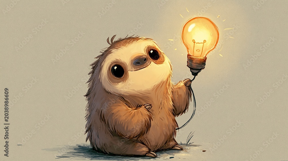 Fototapeta premium Cute sloth in a cartoon drawing gets a bright idea.