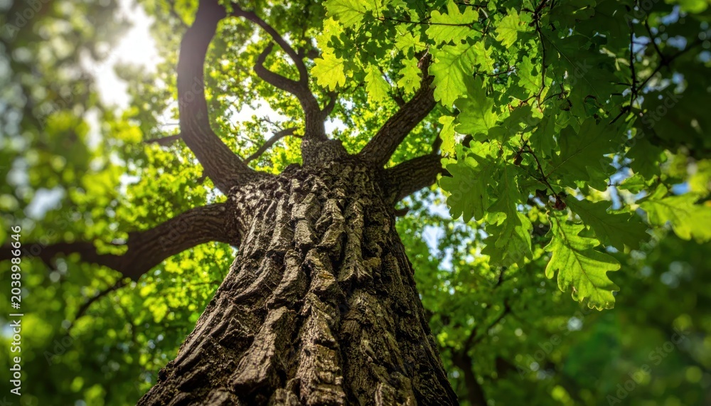 Fototapeta premium Majestic Oak Tree Canopy Viewed From Below.