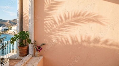 Minimal Tropical Summer Wall Background with Palm Shadow and Warm Sunlight 5
