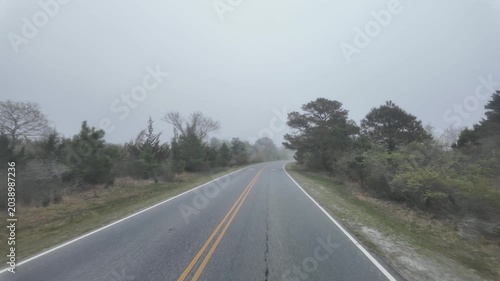 Driver’s perspective traveling along a park road at Assateague Island, Maryland. Low shrubs and coastal wetlands line both sides of the roadway as thick sea fog reduces visibility to only a few meters