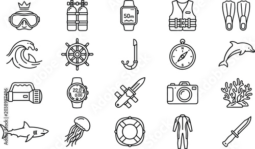 Scuba diving and ocean adventure line icon set featuring snorkeling gear marine wildlife oxygen tanks coral reef and sea exploration symbols vector illustration