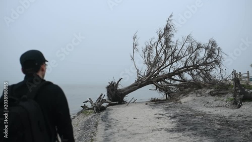A photographer dressed in black, carrying a tripod and camera backpack, walks along the densely fog-covered shoreline of Assateague Island, Maryland, passing through weathered fallen trees scattered a