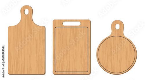 Set of 3 Wooden Cutting Boards in Different Shapes - Classic, Rectangular and Round. Kitchen Utensils, Vector Illustrations.
