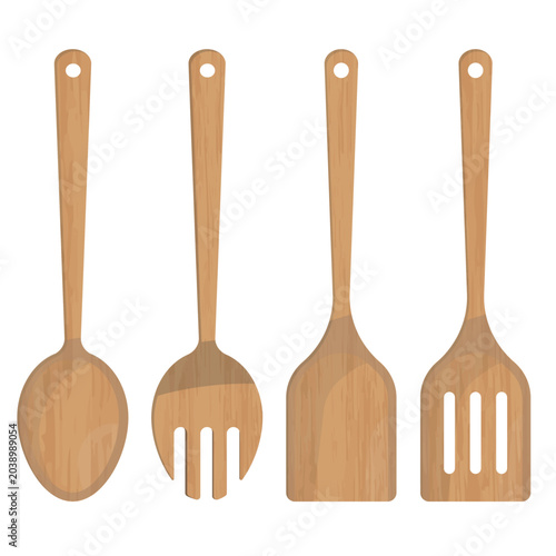 Set of 4 Wooden Kitchen Utensils - Wooden Spoon, Fork, Spatula and Slotted Spatula. Vector Illustrations.