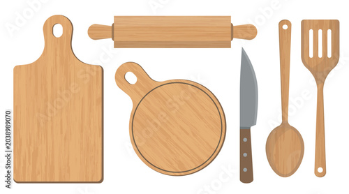 Set of 6 Wooden Kitchen Utensils - Rectangular and Circular Cutting Boards, Rolling Pin, Knife, Spoon and Spatula. Vector Illustrations.