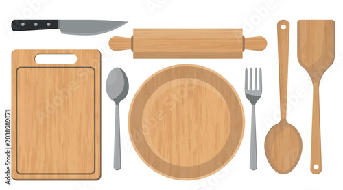 Set of 5 Wooden Kitchen Utensils and 3 Steel Cutlery - Cutting Board, Rolling Pin, Plate, Knife, Spoon, Fork and Spatula. Vector Illustrations.