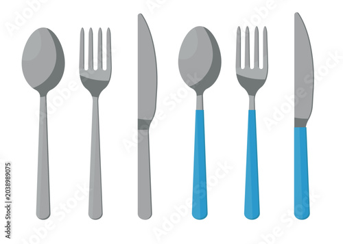 Set with 6 Illustrations of Steel Cutlery With and Without Blue Handle - Spoon, Fork and Knife. Vector.