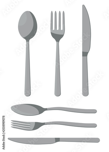 Set with 6 Illustrations of Steel Cutlery in Top and Side View - Spoon, Fork and Knife. Vector.