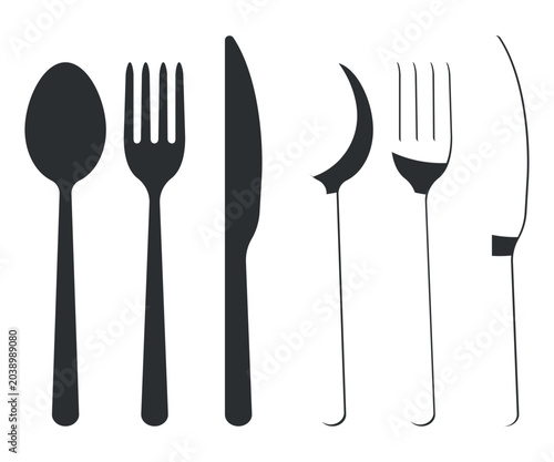 Set with 6 Cutlery Silhouettes in Black and Black and White Versions - Spoon, Fork and Knife. Vector.