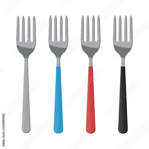 Set with 4 Illustrations of Steel Forks With and Without Handle in Blue, Red and Black Colors. Vector.
