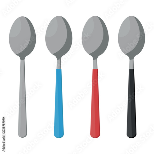 Set with 4 Illustrations of Steel Spoons With and Without Handle in Blue, Red and Black Colors. Vector.