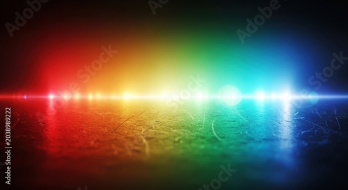 Vibrant Multicolor Neon Light Beam Illuminating Dark Reflective Horizon Floor Pattern