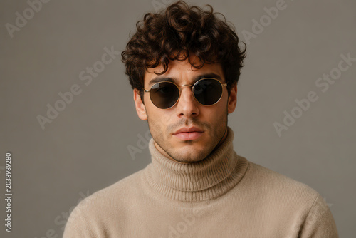 A male model stands in a studio wearing round sunglasses and a turtleneck sweater. He looks directly at the camera with a serious expression. The background is plain and soft.