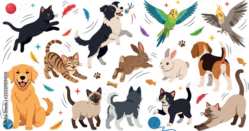 Foto Playful Pet Animals Collection Set with Dogs, Cats, Rabbits, and Birds in Action