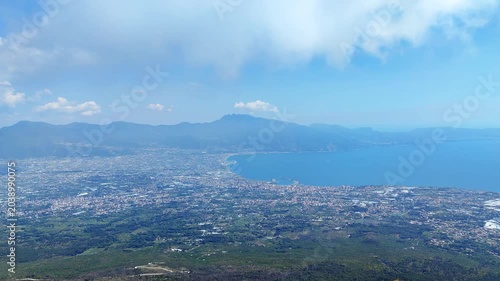 Wide panorama of Naples bay from Mount Vesuvius summit.
