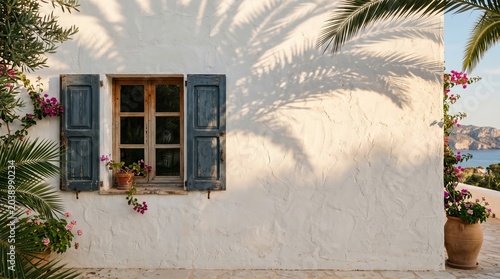 Mediterranean Summer Wall Background with Palm Shadows and Wooden Window
