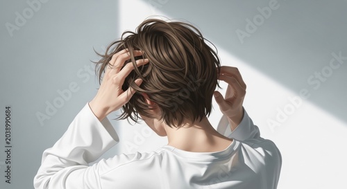 Overwhelmed Young Adult Pulling Short Hair from Extreme Stress or Mental Breakdown