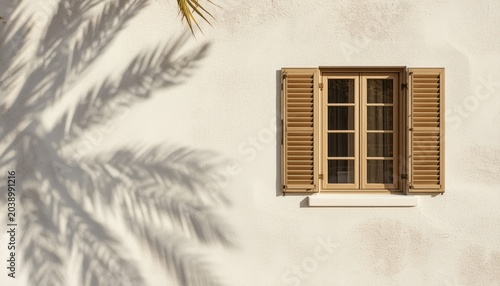 Mediterranean Summer Wall Background with Palm Shadows and Wooden Window 3
