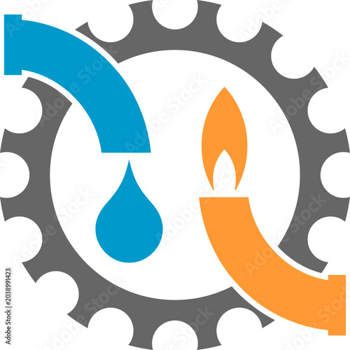Wasserhahn, Flamme und Zahnrad, Klempner, Installateur, Logo, Icon