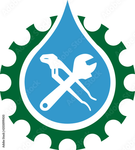 Wassertopfen, Zahnrad und Werkzeuge, Klempner, Installateur, Logo