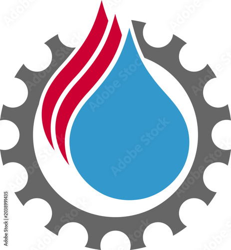 Wassertopfen, Flamme und Zahnrad, Klempner, Installateur, Logo