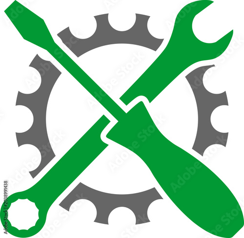 Schraubendreher, Schraubenschlüssel und Zahnrad, Mechaniker, Schlosser, Logo, Icon