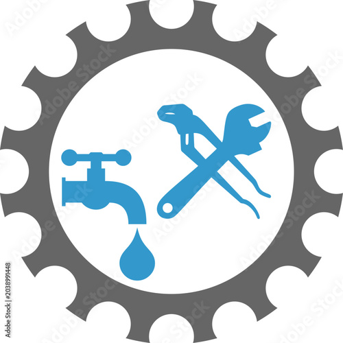 Wasserhahn, Zahnrad und Werkzeuge, Klempner, Installateur, Logo, Icon, Button