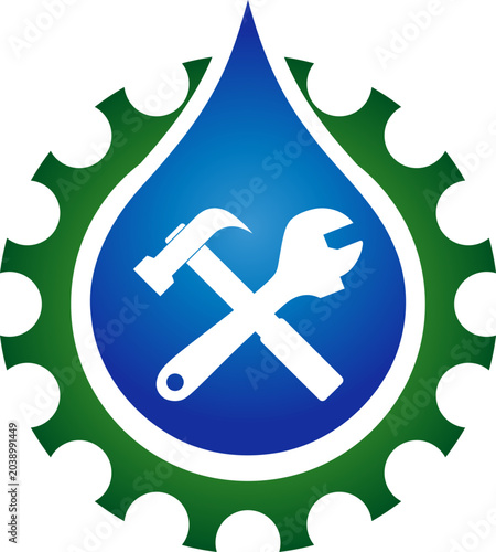 Wassertropfen, Hammer und Rollgabelschlüssel, Klempner Logo