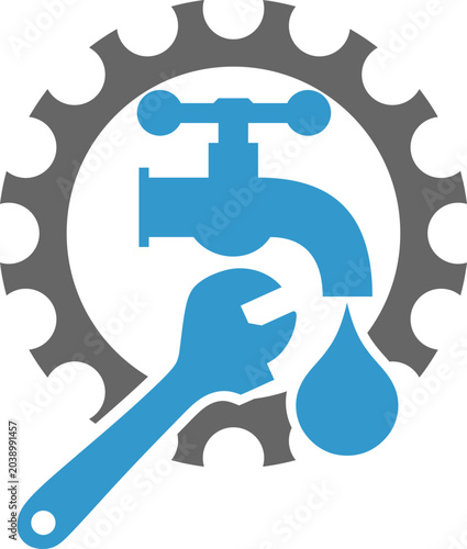 Wasserhahn und Rollgabelschlüssel, Klempner, Installateur Logo, Icon