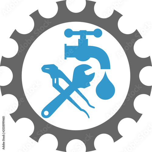 Wasserhahn, Zahnrad und Werkzeuge, Klempner, Installateur Logo, Icon