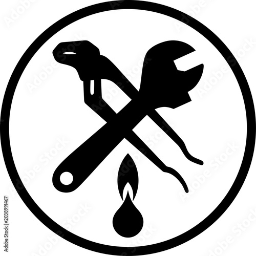 Werkzeuge, Wassertopfen und Flamme, Klempner, Installateur, Logo, Icon