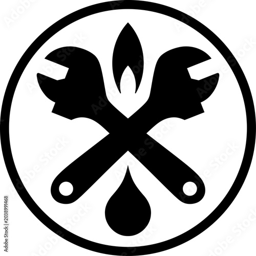Zwei Rollgabelschlüssel, Tropfen und Flamme, Klempner, Installateur, Icon, Logo