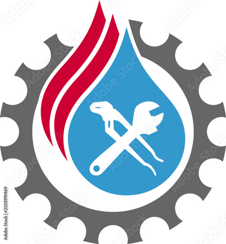 Wassertopfen, Flamme und Werkzeuge, Klempner, Installateur, Logo