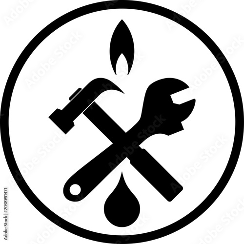 Werkzeuge, Wassertopfen und Flamme, Klempner, Installateur, Icon, Logo