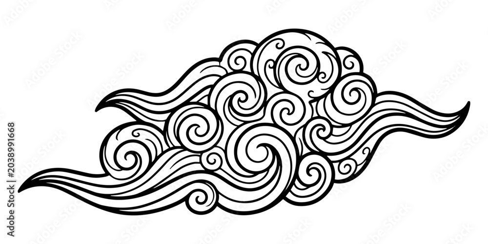 Fototapeta premium Intricate oriental wave and cloud vector. Chinese or Japanese style decorative spiral swirl, isolated black and white line art ornament for traditional Asian design and tattoo graphics.