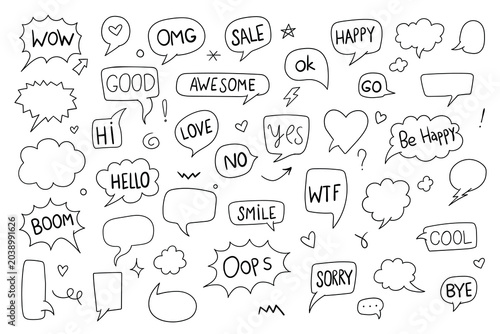 Hand drawn speech bubbles doodle set. Comic chat icons and text balloons collection