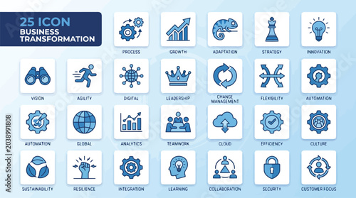 Business Transformation Strategy and Digital Innovation Vector Icon Set for Corporate Presentations, Strategic Planning & Organizational Development (EPS)