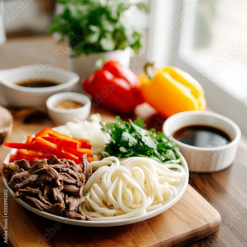A vibrant kitchen scene displaying sliced beef, fresh udon noodles, bell peppers, onions, garlic, sesame oil, soy sauce, and fresh herbs neatly arranged on a rustic wooden counter for cooking.