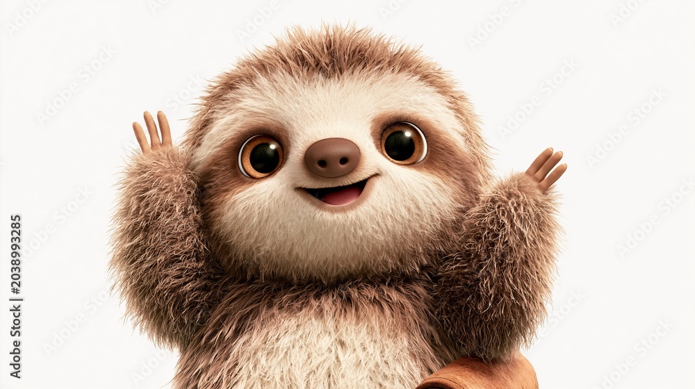 Fototapeta premium Cute sloth in a cartoon style waves hello from a plain white background.