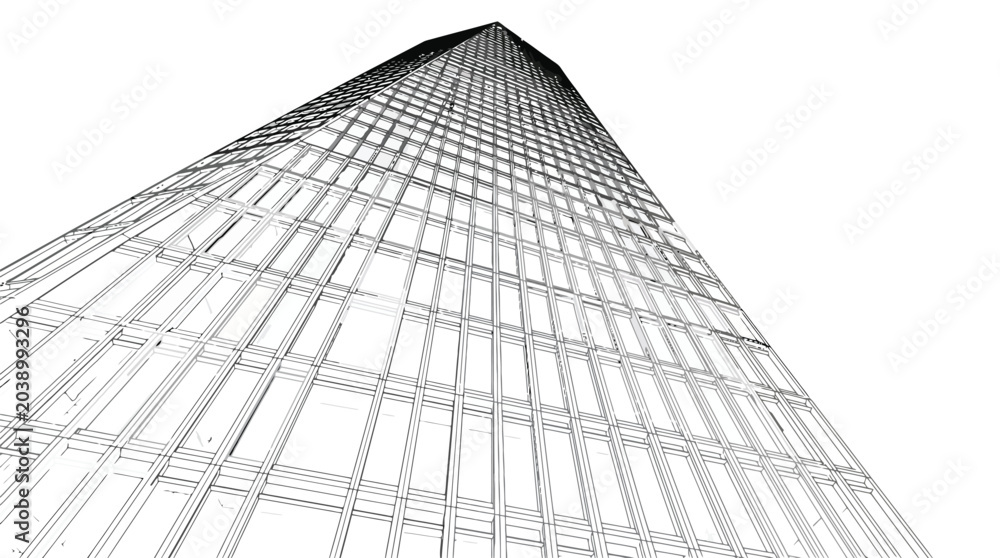 Fototapeta premium Modern Skyscraper Architecture Wireframe Perspective Vector for Urban Development, Engineering Blueprints & Construction Project Presentations (EPS)