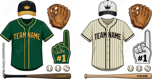 Baseball Team Uniform Set with Green and Cream Jersey, Cap, Glove, Bat, and Ball for Sports Branding Design Templates