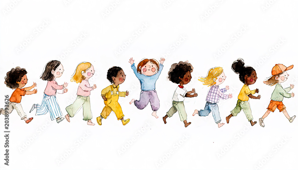 Fototapeta premium Joyful Children Running and Holding Hands Together - Happy Kids Playing Chain, Colorful Watercolor Illustration