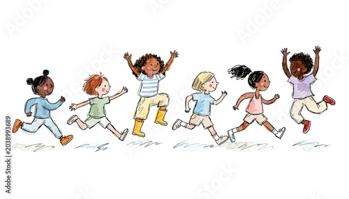 Joyful Children Running and Holding Hands Together - Happy Kids Playing Chain, Colorful Watercolor Illustration