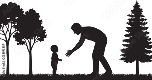 Photos Silhouette of parent reaching toward toddler in park landscape, symbolizing love